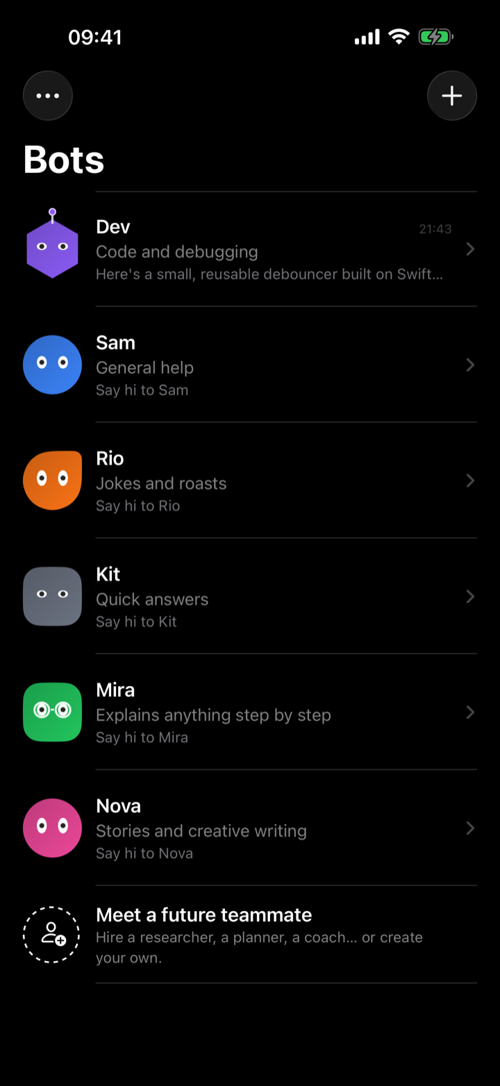 localBots home screen listing bots Dev, Sam, Rio, Kit, Mira and Nova, each with a face, a job and a preview of the latest message