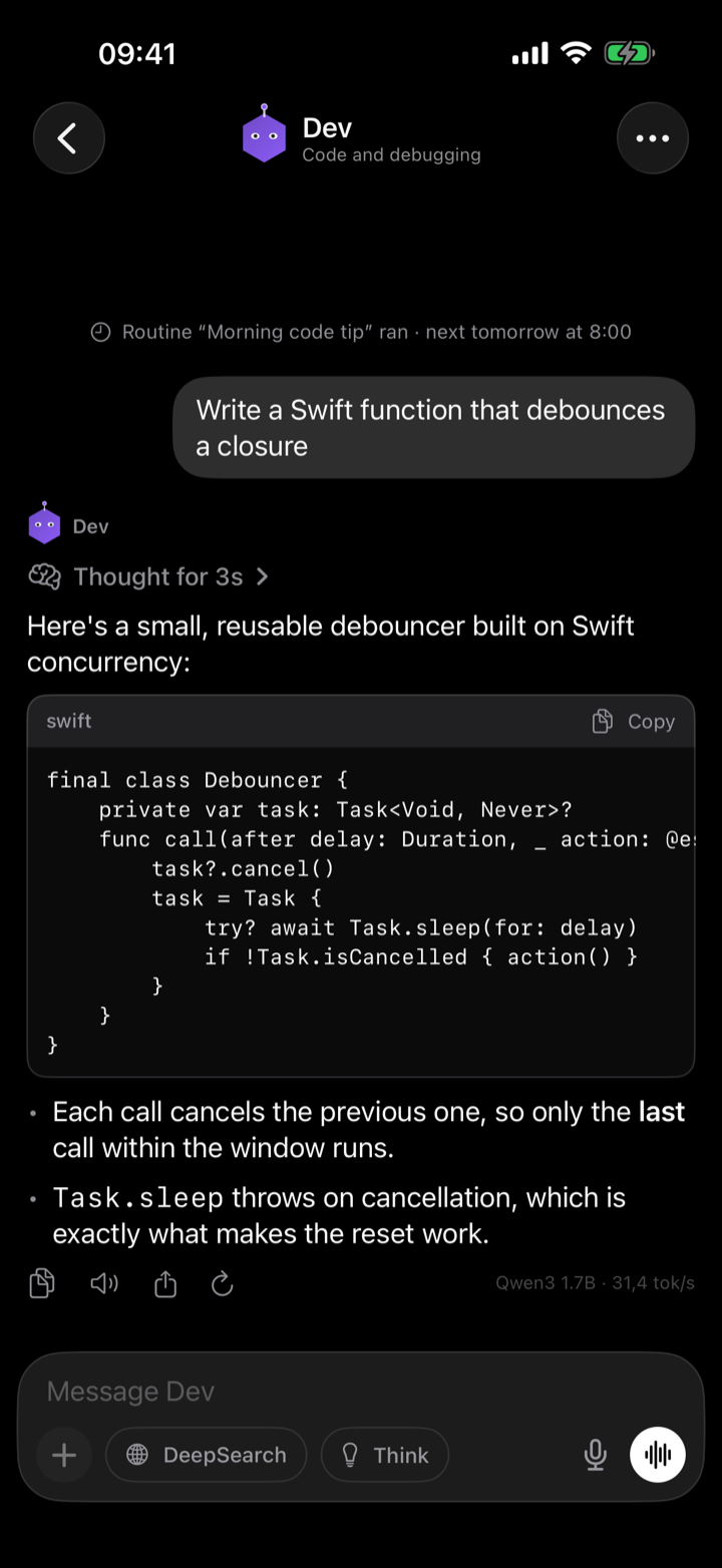 A thread with Dev: a routine activity line, a question about Swift, and an answer with reasoning summary and a code block